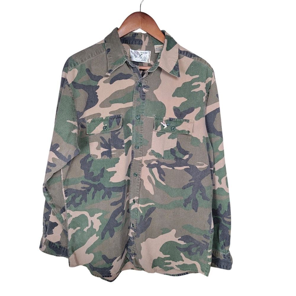 VTG Duck Bay‎ Flannel Men Medium Green Camo Hunting Woodland Retro 100% Cotton